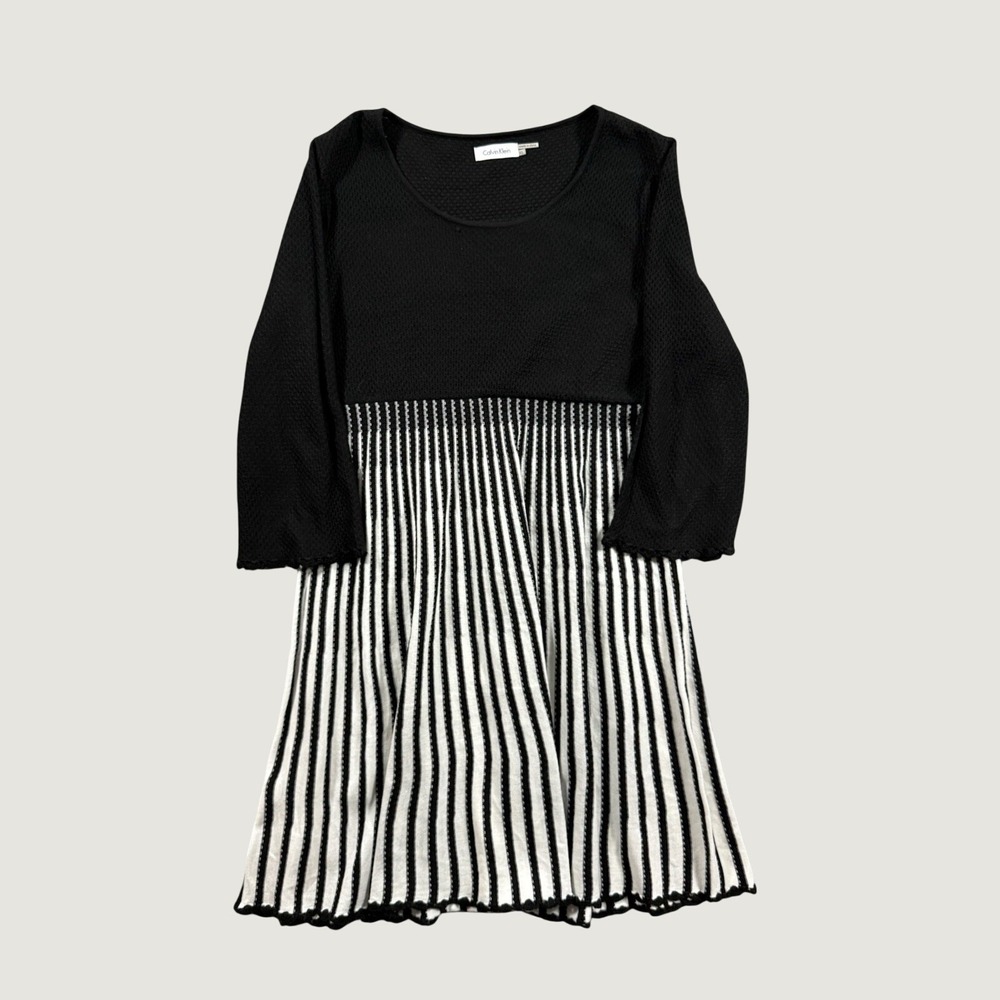 Calvin Klein XL Knit Sweater Dress Black White Stripe Colorblock 3/4 Sleeve